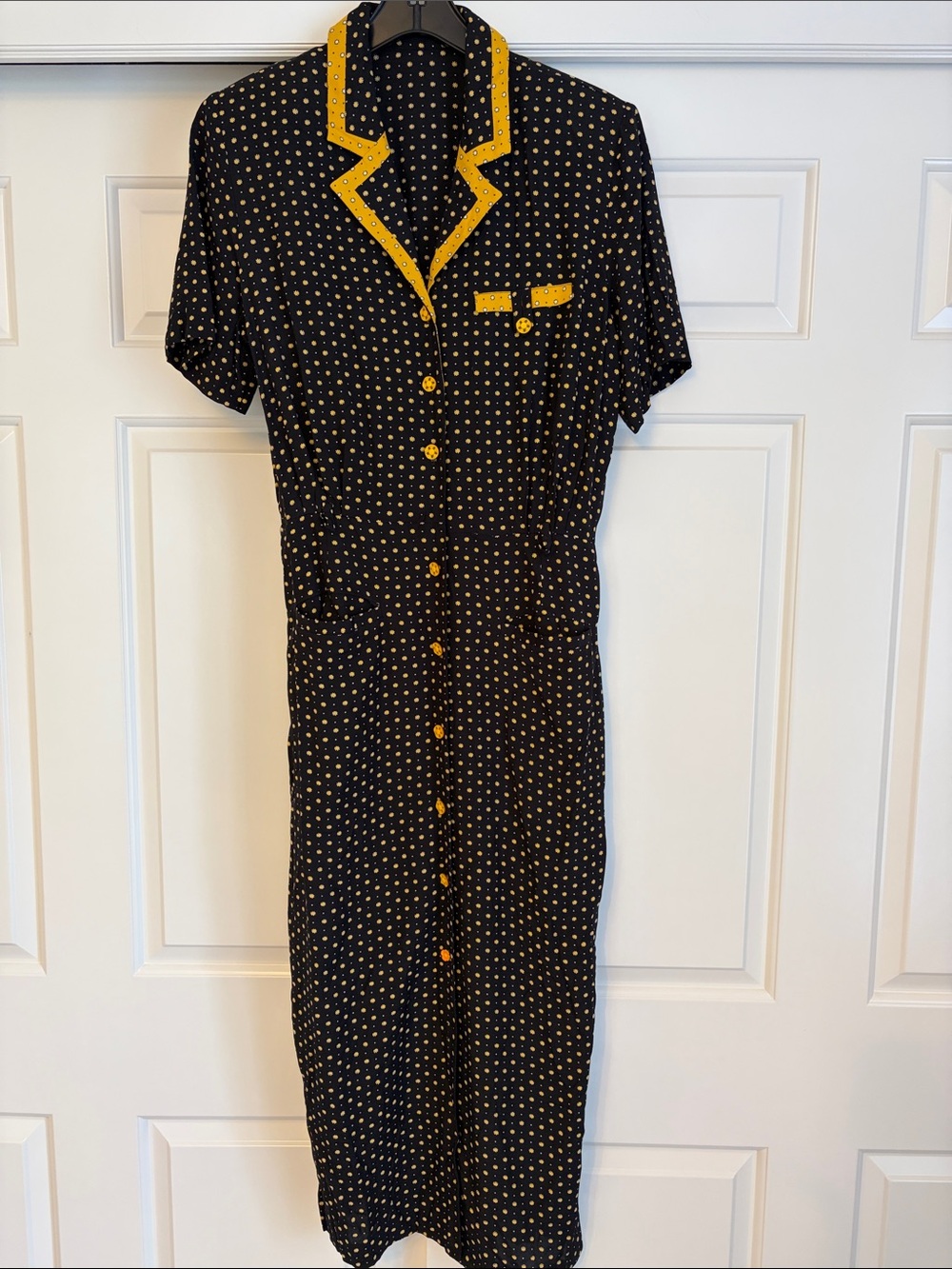 Black Midi Dress with Yellow Dot Accents and Contrast Trim